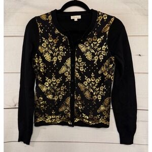 Shearer‎ Lace Floral Merino Wool Cardigan Black Gold Button Up Sweater S